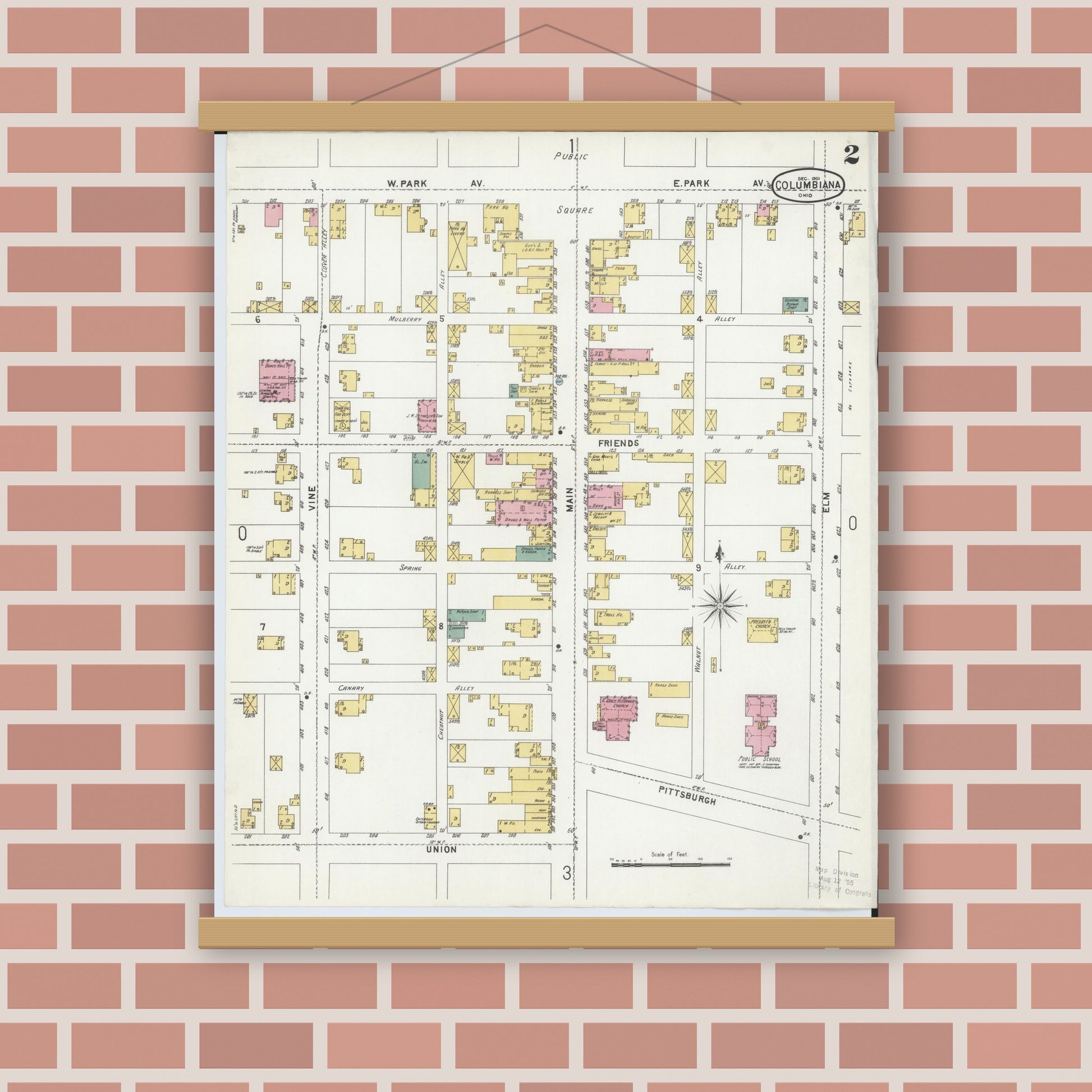 Old map wall art mockup — magnetic wood frame on brick wall — Sanborn Fire Insurance Map from Columbiana, Columbiana County, Ohio (1901), Sheet #0002