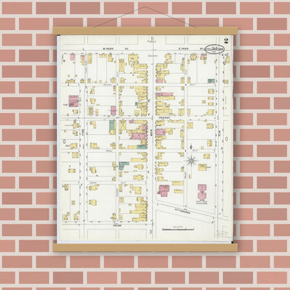 Old map wall art mockup — magnetic wood frame on brick wall — Sanborn Fire Insurance Map from Columbiana, Columbiana County, Ohio (1901), Sheet #0002