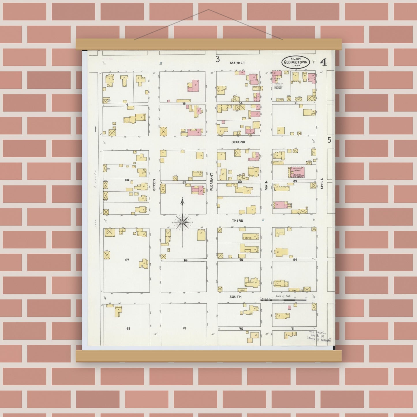 Old map wall art mockup — magnetic wood frame on brick wall — Sanborn Fire Insurance Map from Georgetown, Brown County, Ohio (1904), Sheet #0004