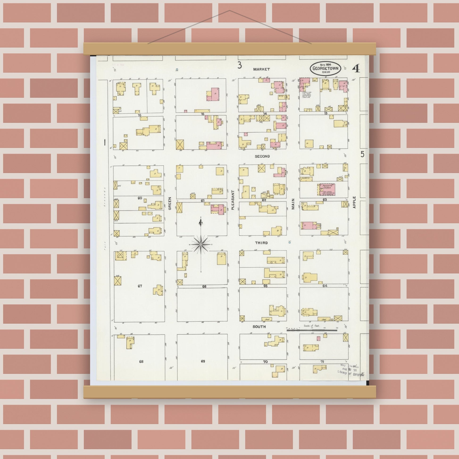 Old map wall art mockup — magnetic wood frame on brick wall — Sanborn Fire Insurance Map from Georgetown, Brown County, Ohio (1904), Sheet #0004