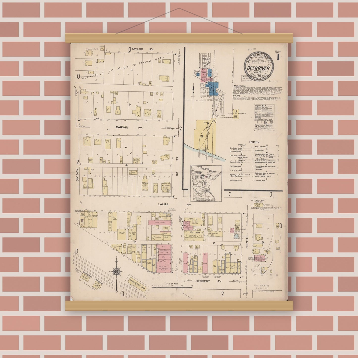 Old map wall art mockup — magnetic wood frame on brick wall — Sanborn Fire Insurance Map from Deer River, Itasca County, Minnesota (1922) - Complete Map Set