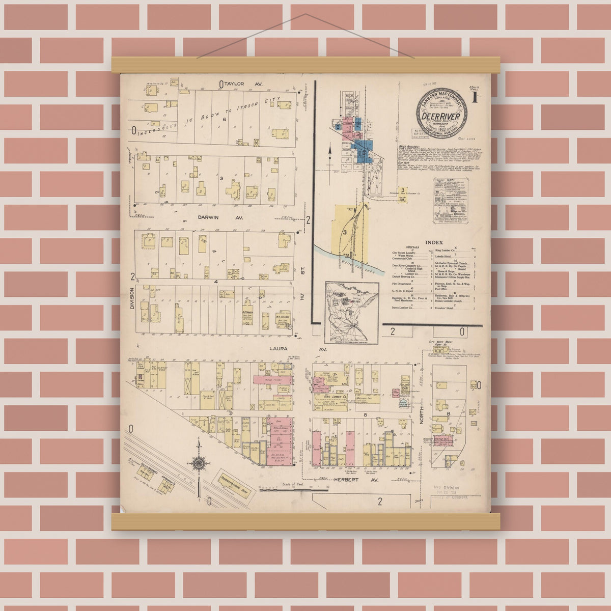 Old map wall art mockup — magnetic wood frame on brick wall — Sanborn Fire Insurance Map from Deer River, Itasca County, Minnesota (1922) - Complete Map Set