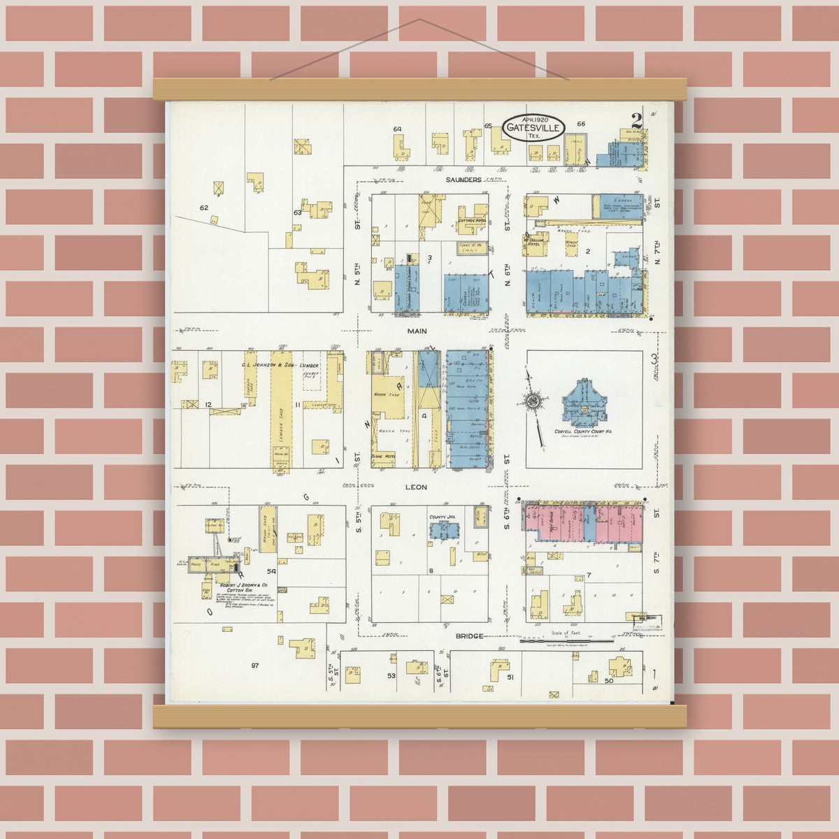 Old map wall art mockup — magnetic wood frame on brick wall — Sanborn Fire Insurance Map from Gatesville, Coryell County, Texas (1920), Sheet #0002