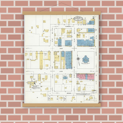 Old map wall art mockup — magnetic wood frame on brick wall — Sanborn Fire Insurance Map from Gatesville, Coryell County, Texas (1920), Sheet #0002