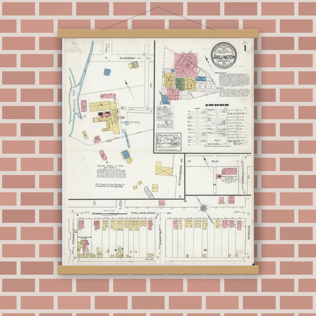 Old map wall art mockup — magnetic wood frame on brick wall — Sanborn Fire Insurance Map from Shillington, Berks County, Pennsylvania (1920), Sheet #0001