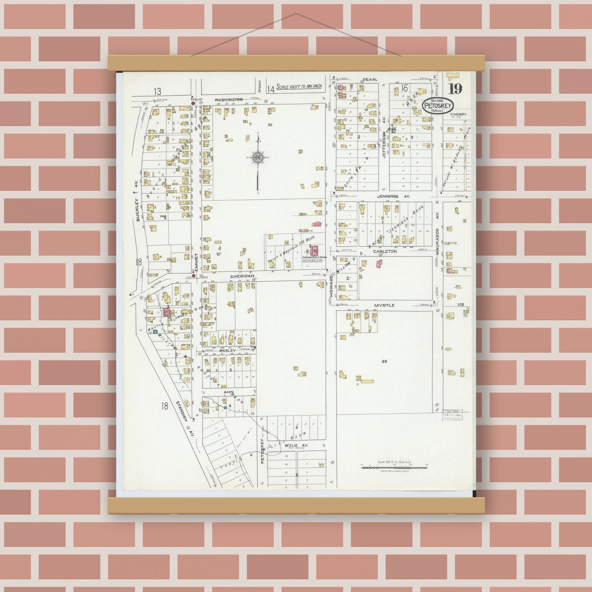Old map wall art mockup — magnetic wood frame on brick wall — Sanborn Fire Insurance Map from Petoskey, Emmet County, Michigan (1919), Sheet #0019