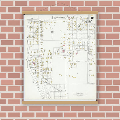 Old map wall art mockup — magnetic wood frame on brick wall — Sanborn Fire Insurance Map from Petoskey, Emmet County, Michigan (1919), Sheet #0019
