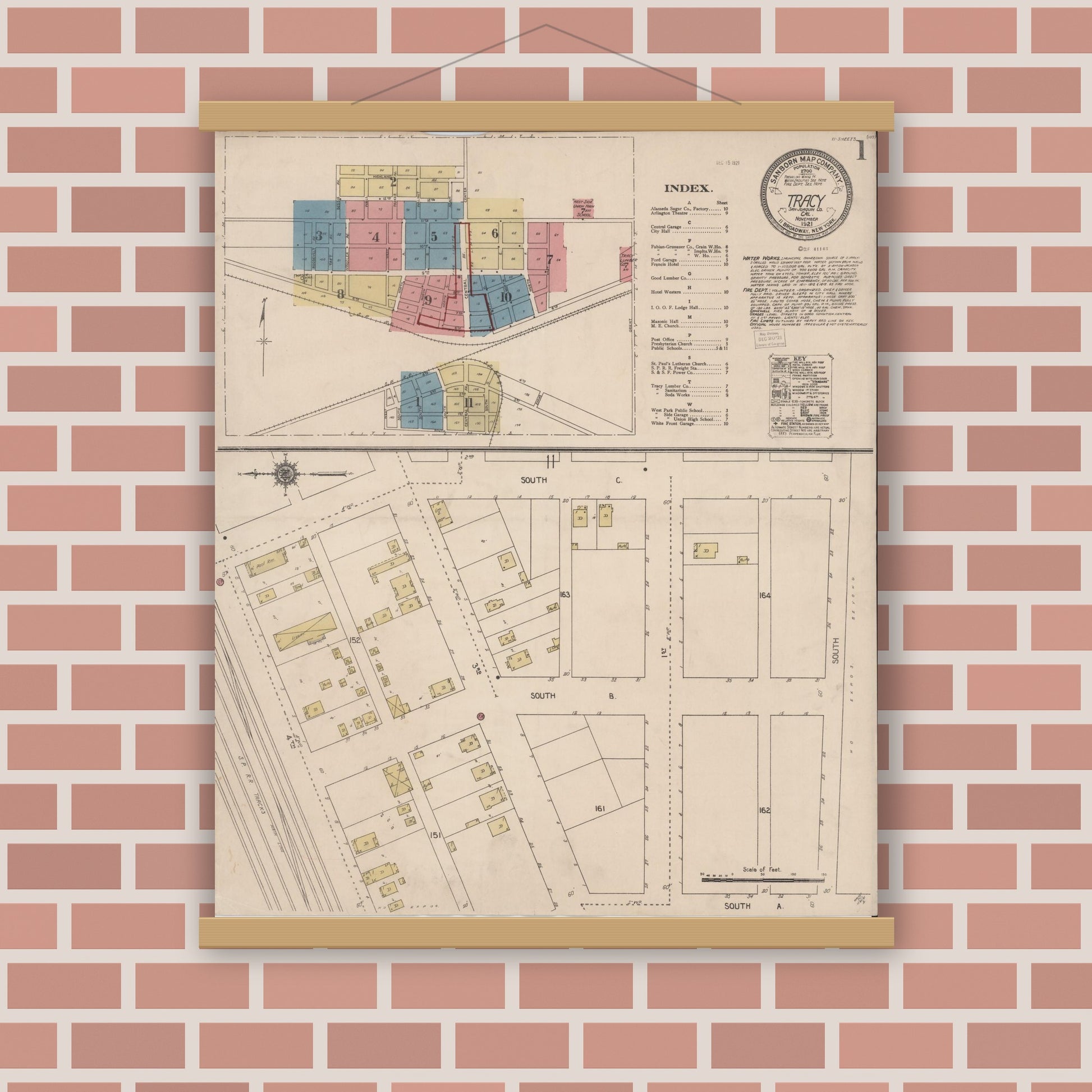 Old map wall art mockup — magnetic wood frame on brick wall — Sanborn Fire Insurance Map from Tracy, San Joaquin County, California (1921) - Complete Map Set
