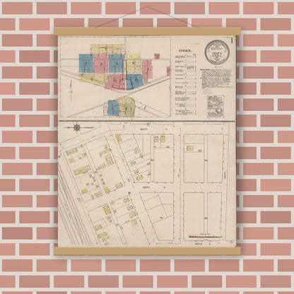 Old map wall art mockup — magnetic wood frame on brick wall — Sanborn Fire Insurance Map from Tracy, San Joaquin County, California (1921) - Complete Map Set