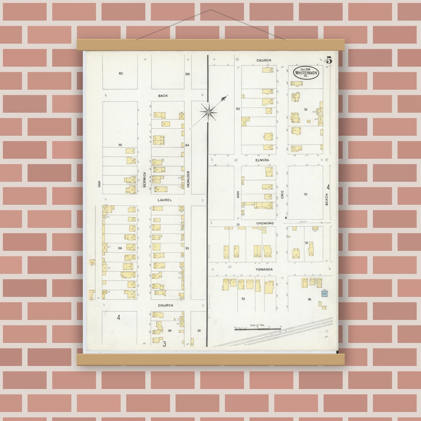 Old map wall art mockup — magnetic wood frame on brick wall — Sanborn Fire Insurance Map from White Haven, Luzerne County, Pennsylvania (1908), Sheet #0005