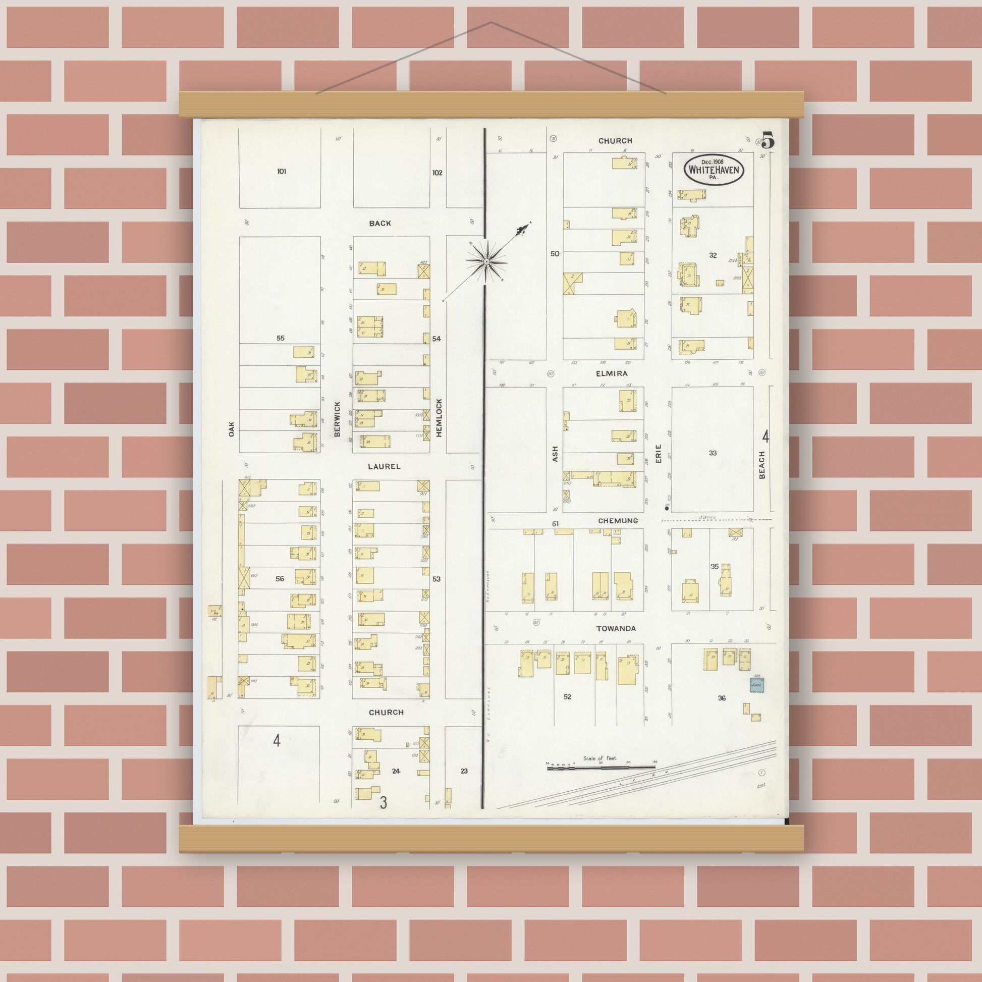 Old map wall art mockup — magnetic wood frame on brick wall — Sanborn Fire Insurance Map from White Haven, Luzerne County, Pennsylvania (1908), Sheet #0005