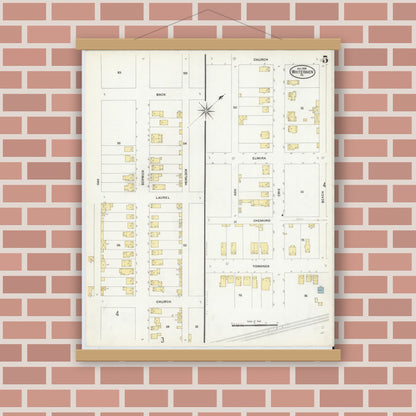 Old map wall art mockup — magnetic wood frame on brick wall — Sanborn Fire Insurance Map from White Haven, Luzerne County, Pennsylvania (1908), Sheet #0005