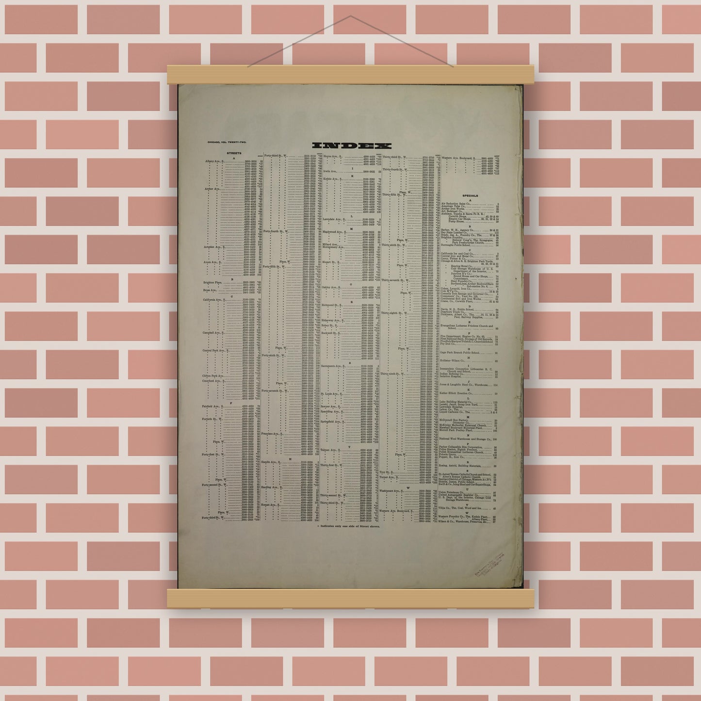 Old map wall art mockup — magnetic wood frame on brick wall — Sanborn Fire Insurance Map from Chicago, Cook County, Illinois (1919), Sheet #0001