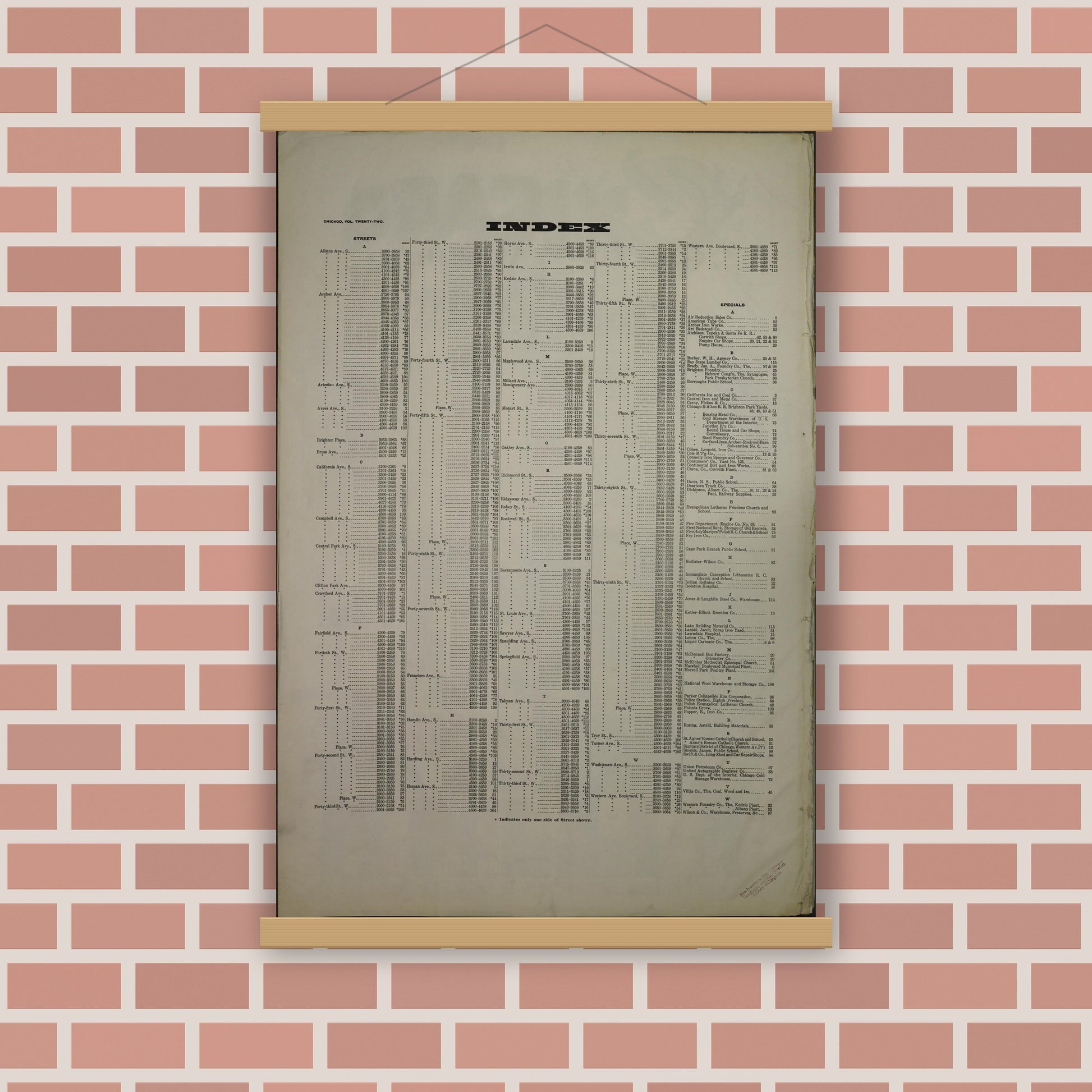 Old map wall art mockup — magnetic wood frame on brick wall — Sanborn Fire Insurance Map from Chicago, Cook County, Illinois (1919), Sheet #0001