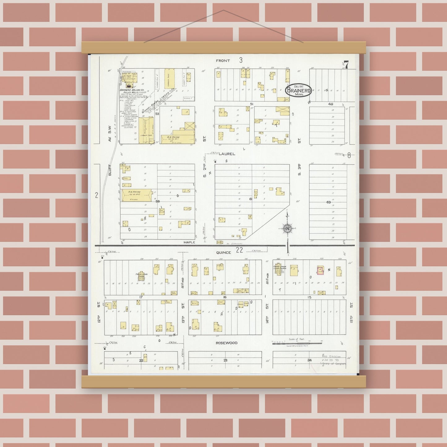 Old map wall art mockup — magnetic wood frame on brick wall — Sanborn Fire Insurance Map from Brainerd, Crow Wing County, Minnesota (1917), Sheet #0007