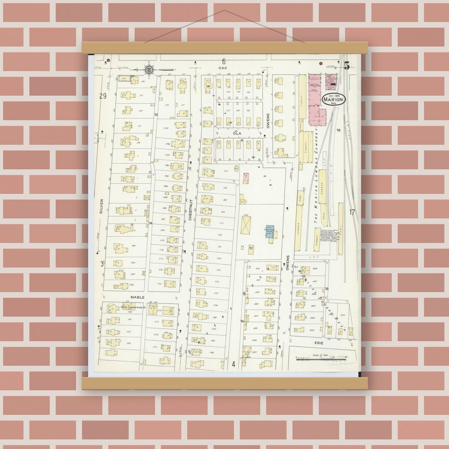 Old map wall art mockup — magnetic wood frame on brick wall — Sanborn Fire Insurance Map from Marion, Marion County, Ohio (1914), Sheet #0005