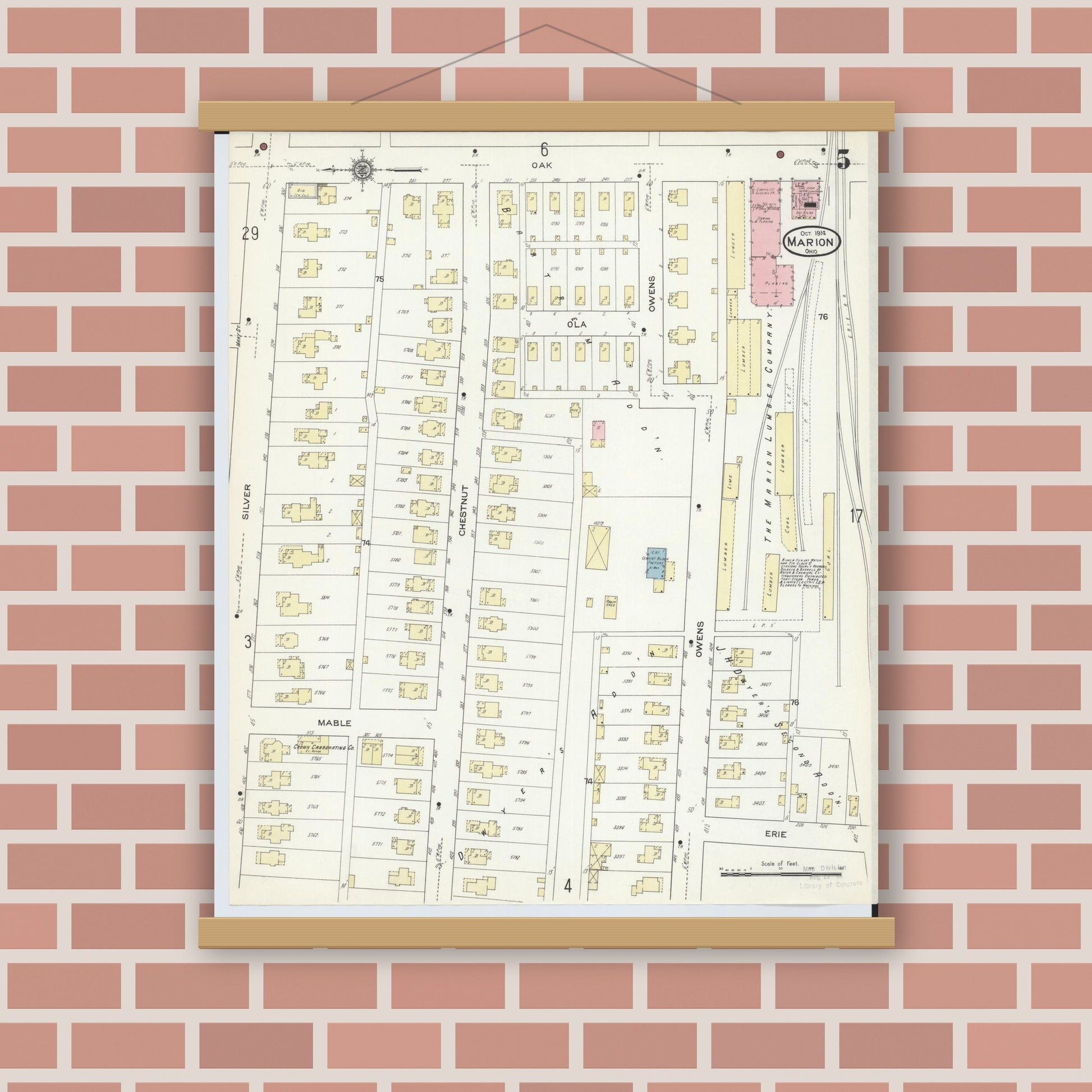 Old map wall art mockup — magnetic wood frame on brick wall — Sanborn Fire Insurance Map from Marion, Marion County, Ohio (1914), Sheet #0005