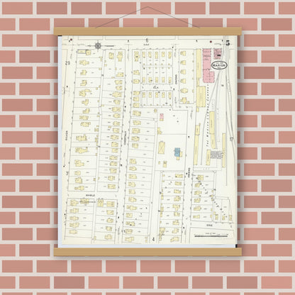 Old map wall art mockup — magnetic wood frame on brick wall — Sanborn Fire Insurance Map from Marion, Marion County, Ohio (1914), Sheet #0005