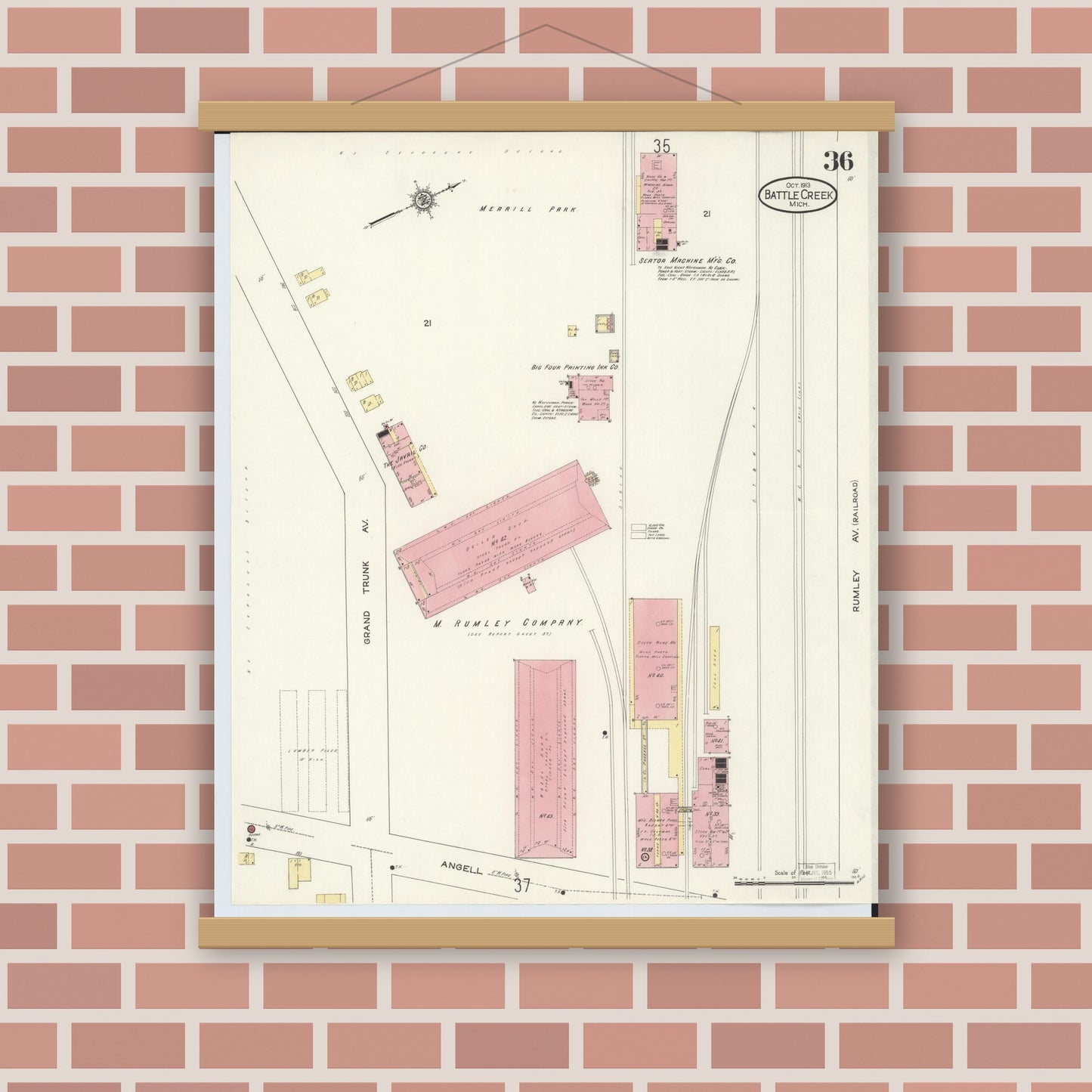 Old map wall art mockup — magnetic wood frame on brick wall — Sanborn Fire Insurance Map from Battle Creek, Calhoun County, Michigan (1913), Sheet #0036