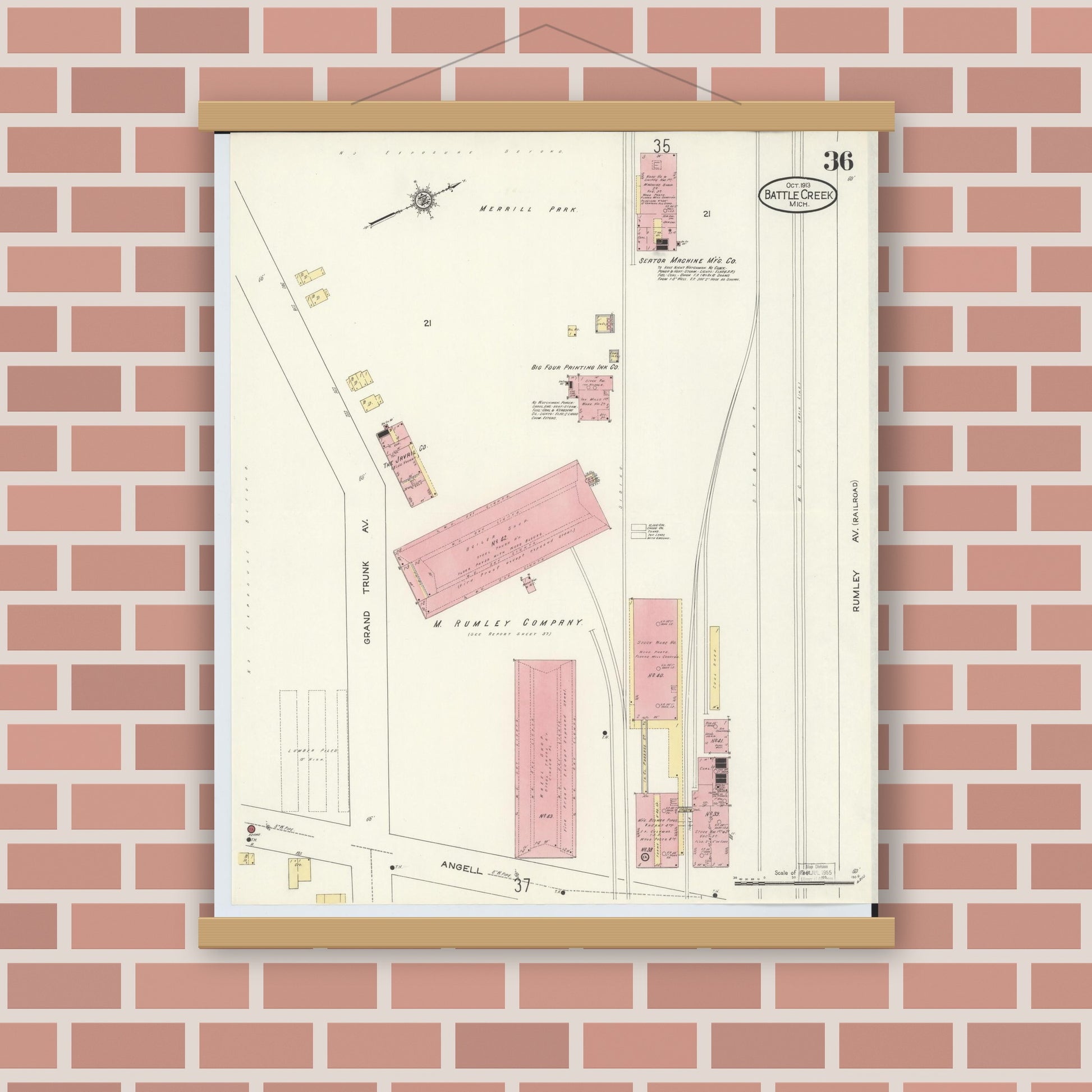 Old map wall art mockup — magnetic wood frame on brick wall — Sanborn Fire Insurance Map from Battle Creek, Calhoun County, Michigan (1913), Sheet #0036