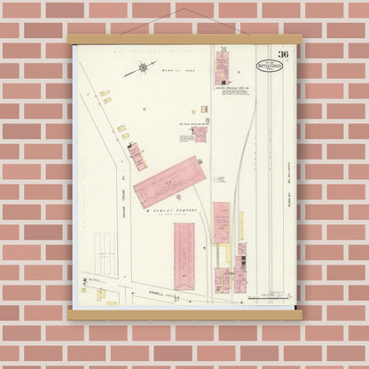 Old map wall art mockup — magnetic wood frame on brick wall — Sanborn Fire Insurance Map from Battle Creek, Calhoun County, Michigan (1913), Sheet #0036