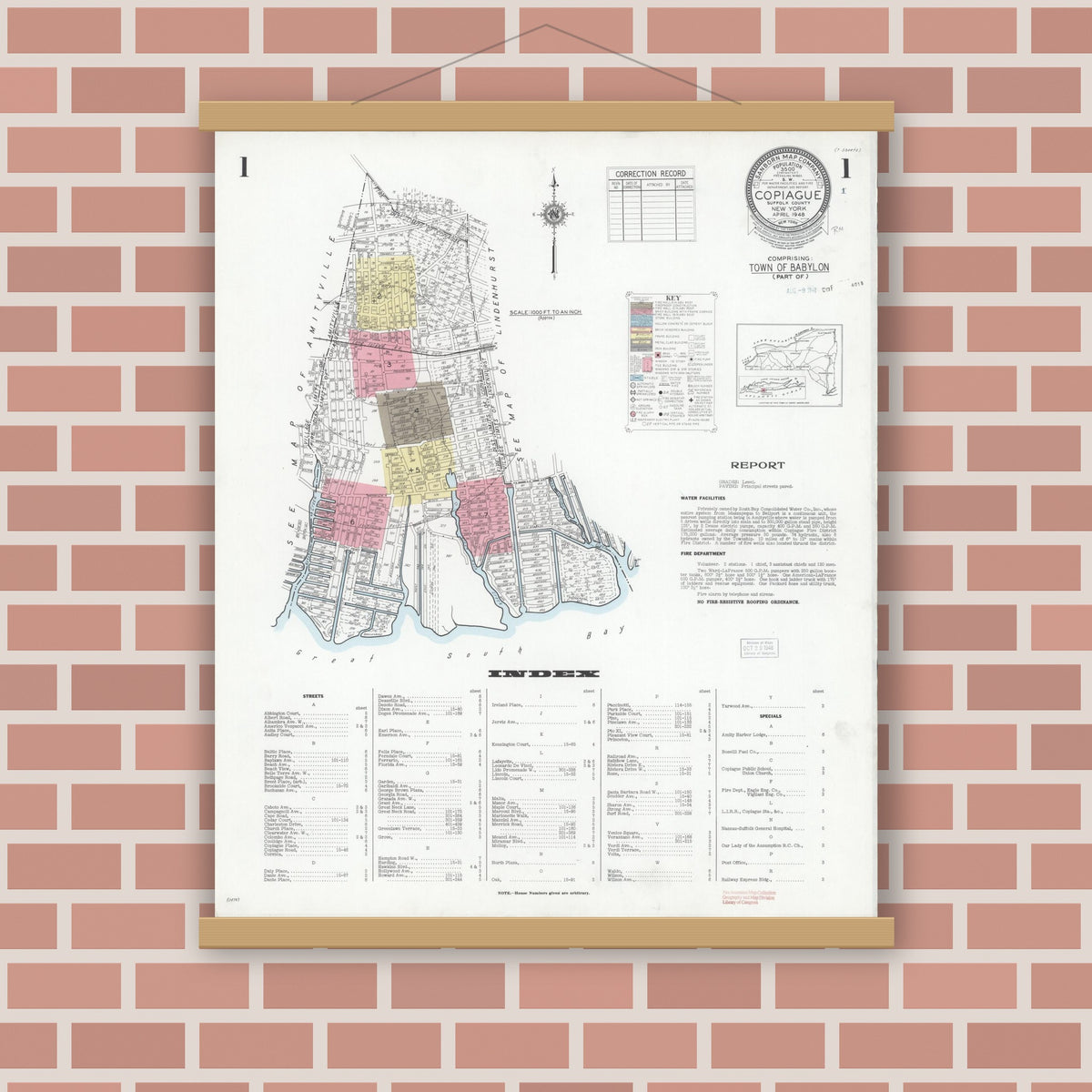 Old map wall art mockup — magnetic wood frame on brick wall — Sanborn Fire Insurance Map from Copiague, Suffolk County, New York (1948) - Complete Map Set