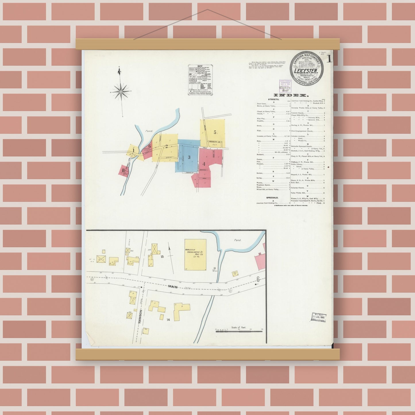 Old map wall art mockup — magnetic wood frame on brick wall — Sanborn Fire Insurance Map from Leicester, Worcester County, Massachusetts (1904), Sheet #0001