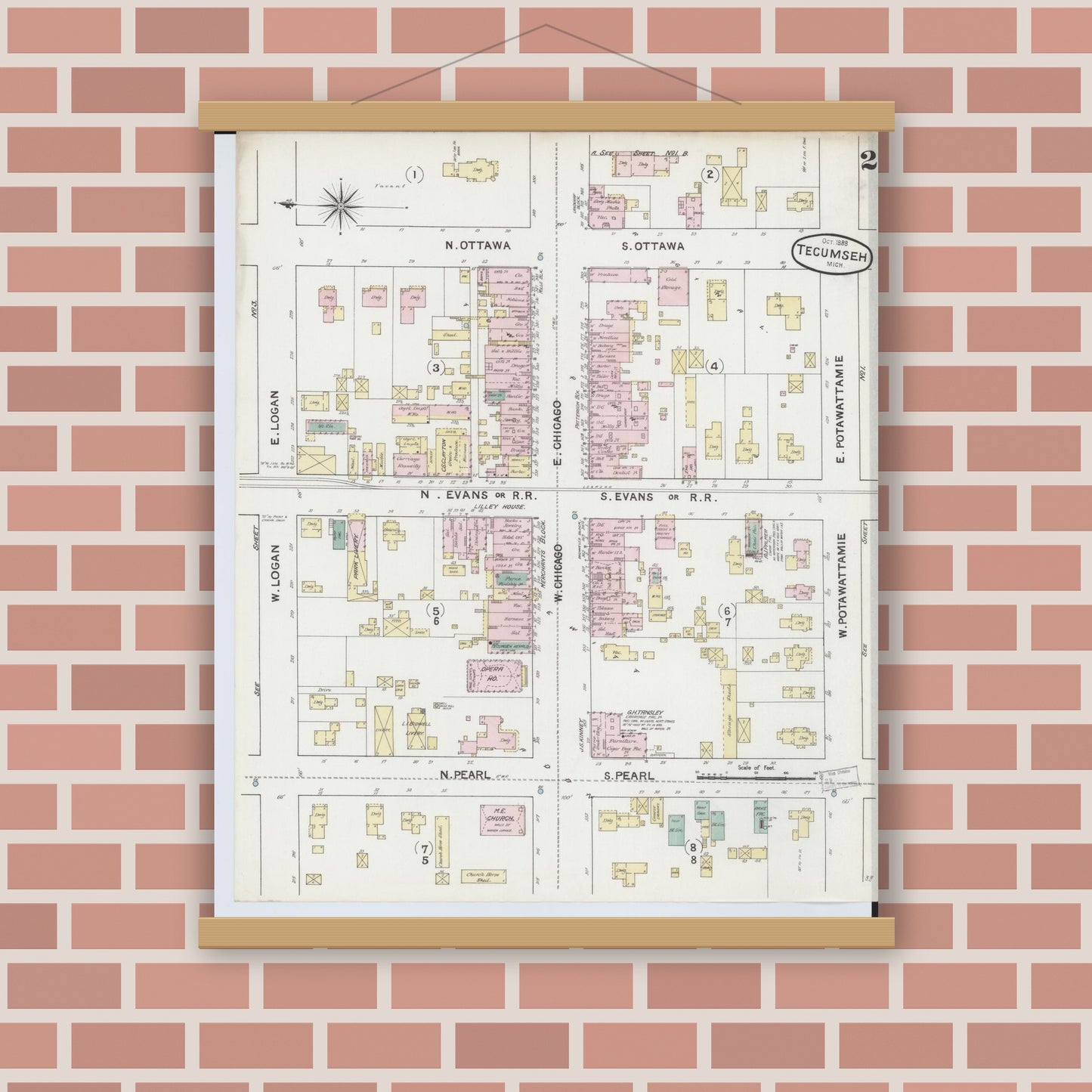 Old map wall art mockup — magnetic wood frame on brick wall — Sanborn Fire Insurance Map from Tecumseh, Lenawee County, Michigan (1888), Sheet #0002