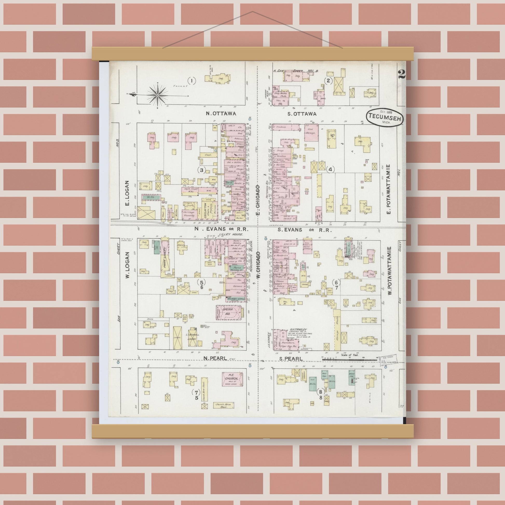 Old map wall art mockup — magnetic wood frame on brick wall — Sanborn Fire Insurance Map from Tecumseh, Lenawee County, Michigan (1888), Sheet #0002