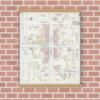 Old map wall art mockup — magnetic wood frame on brick wall — Sanborn Fire Insurance Map from Tecumseh, Lenawee County, Michigan (1888), Sheet #0002