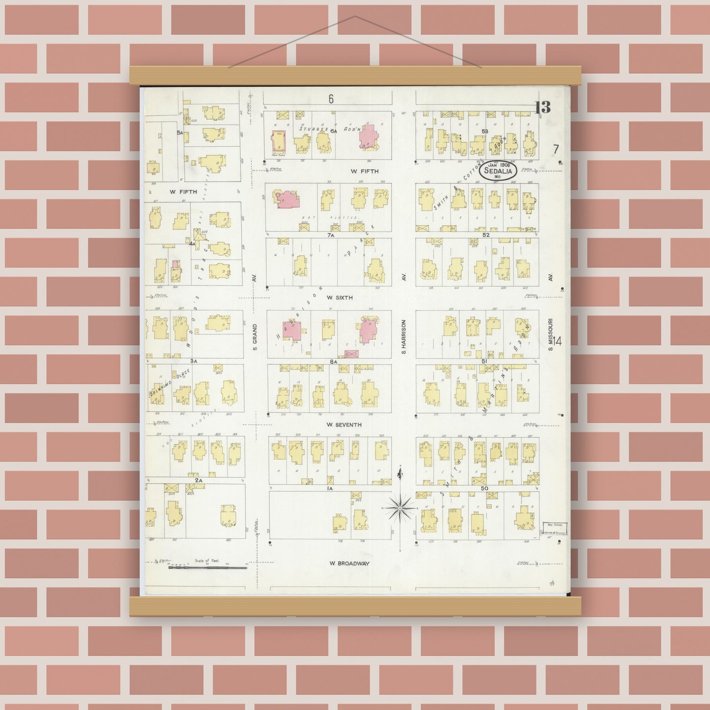 Old map wall art mockup — magnetic wood frame on brick wall — Sanborn Fire Insurance Map from Sedalia, Pettis County, Missouri (1908), Sheet #0013