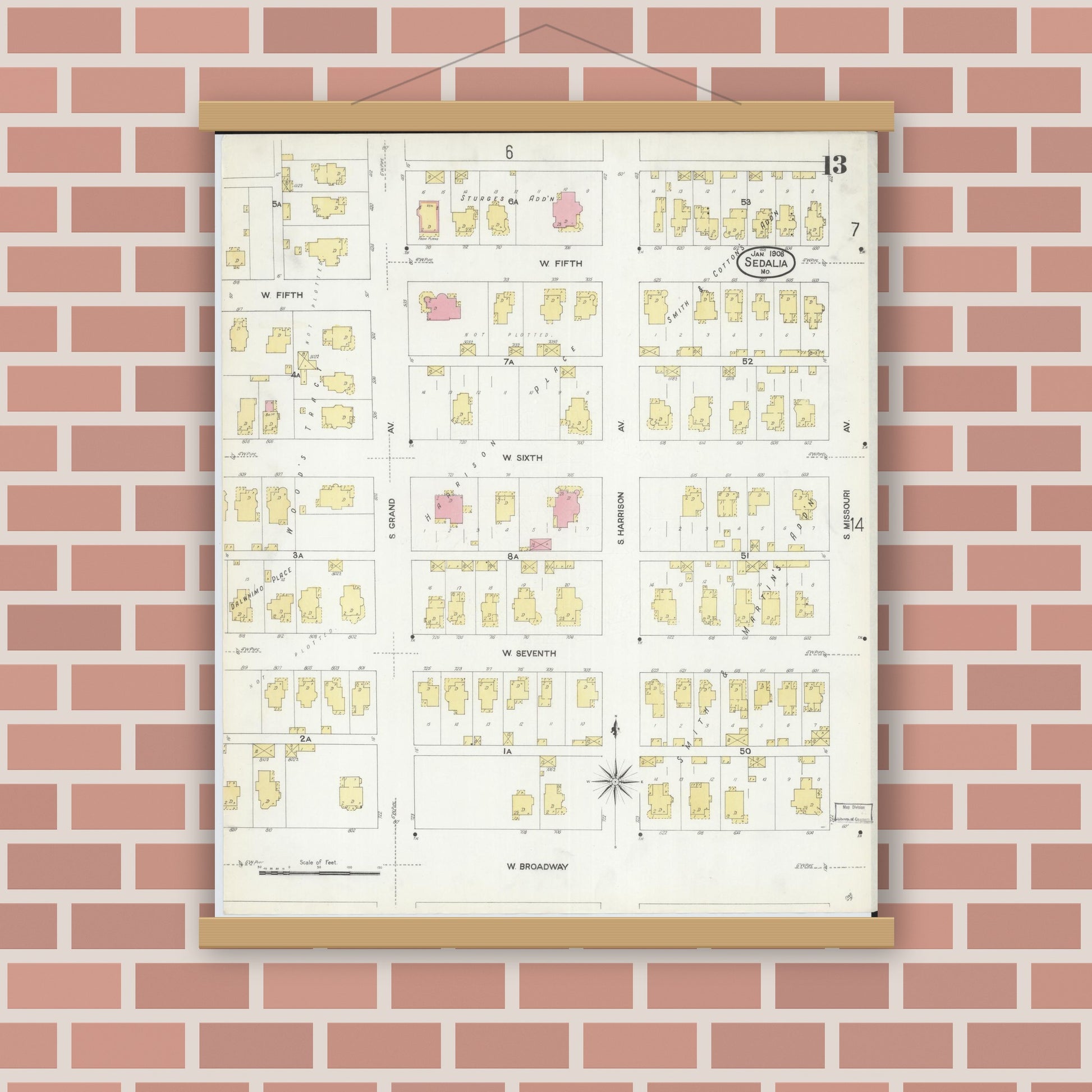 Old map wall art mockup — magnetic wood frame on brick wall — Sanborn Fire Insurance Map from Sedalia, Pettis County, Missouri (1908), Sheet #0013