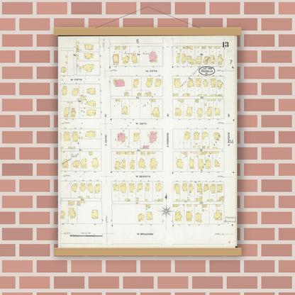 Old map wall art mockup — magnetic wood frame on brick wall — Sanborn Fire Insurance Map from Sedalia, Pettis County, Missouri (1908), Sheet #0013