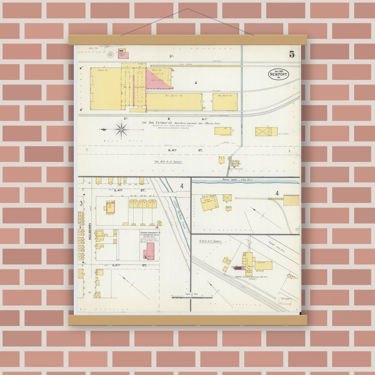 Old map wall art mockup — magnetic wood frame on brick wall — Sanborn Fire Insurance Map from Newport, Perry County, Pennsylvania (1902), Sheet #0005