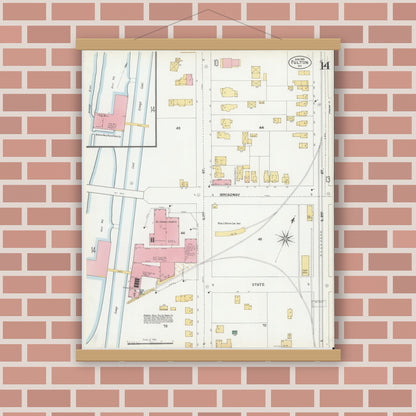 Old map wall art mockup — magnetic wood frame on brick wall — Sanborn Fire Insurance Map from Fulton, Oswego County, New York (1901), Sheet #0014
