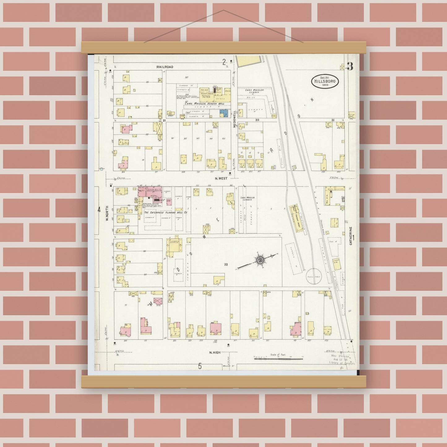 Old map wall art mockup — magnetic wood frame on brick wall — Sanborn Fire Insurance Map from Hillsboro, Highland County, Ohio (1911), Sheet #0003