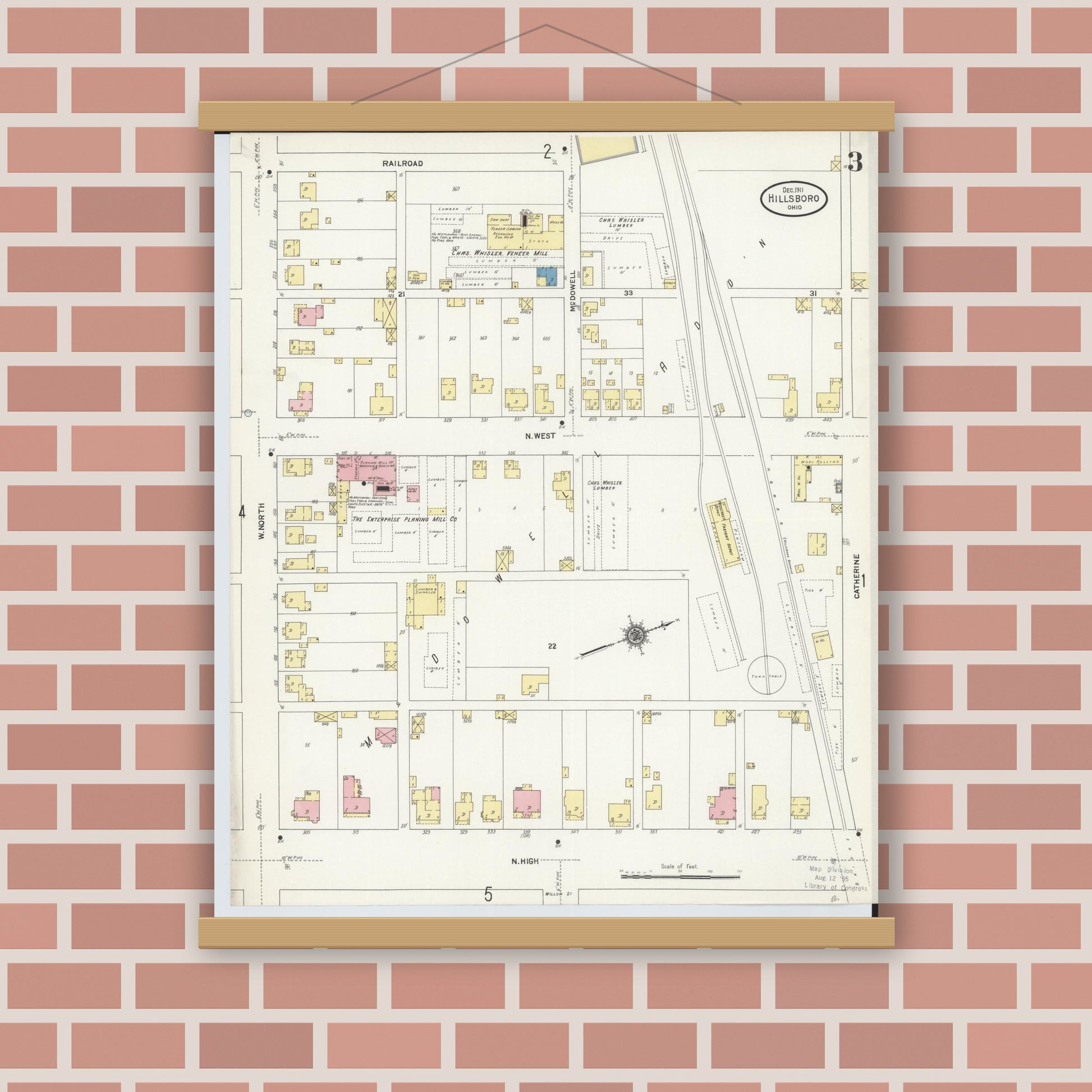 Old map wall art mockup — magnetic wood frame on brick wall — Sanborn Fire Insurance Map from Hillsboro, Highland County, Ohio (1911), Sheet #0003