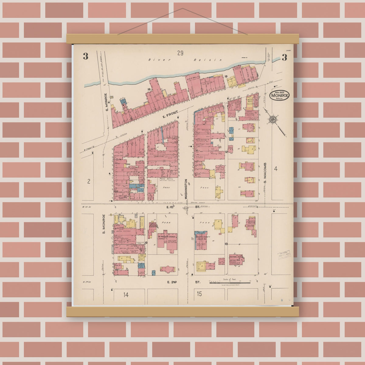Old map wall art mockup — magnetic wood frame on brick wall — Sanborn Fire Insurance Map from Monroe, Monroe County, Michigan (1922), Sheet #0003