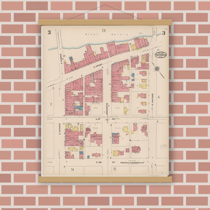 Old map wall art mockup — magnetic wood frame on brick wall — Sanborn Fire Insurance Map from Monroe, Monroe County, Michigan (1922), Sheet #0003