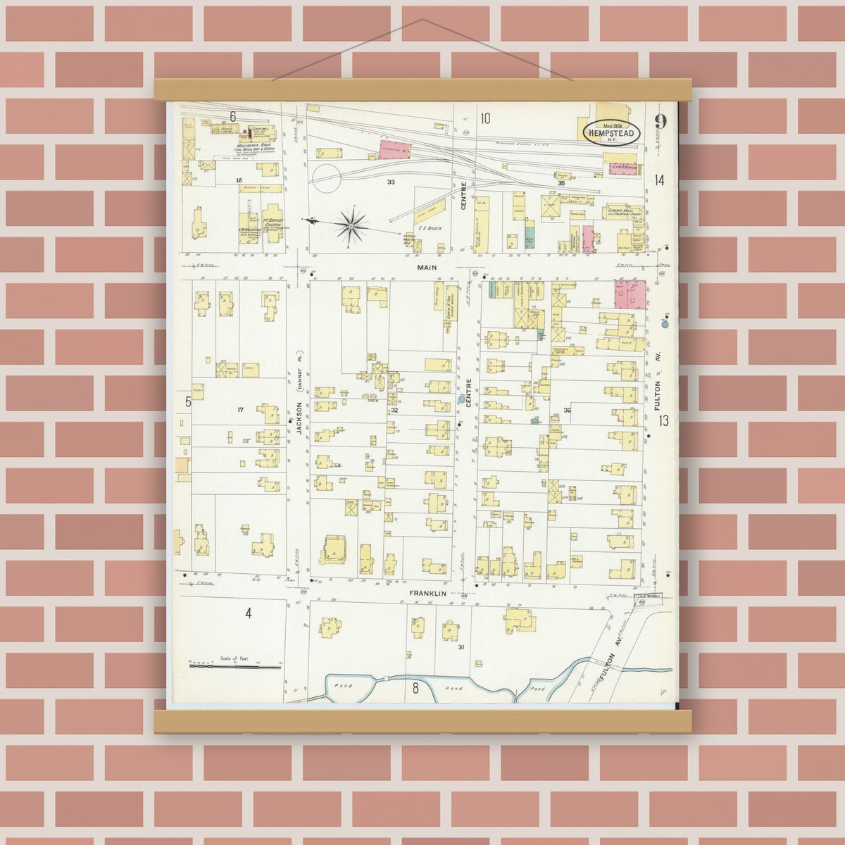 Old map wall art mockup — magnetic wood frame on brick wall — Sanborn Fire Insurance Map from Hempstead, Nassau County, New York (1909), Sheet #0009