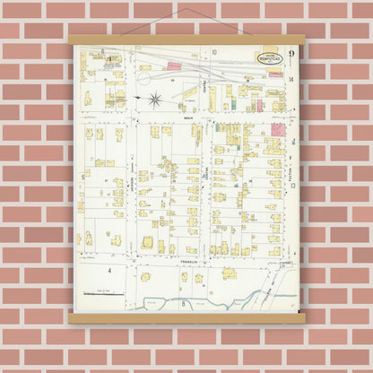 Old map wall art mockup — magnetic wood frame on brick wall — Sanborn Fire Insurance Map from Hempstead, Nassau County, New York (1909), Sheet #0009