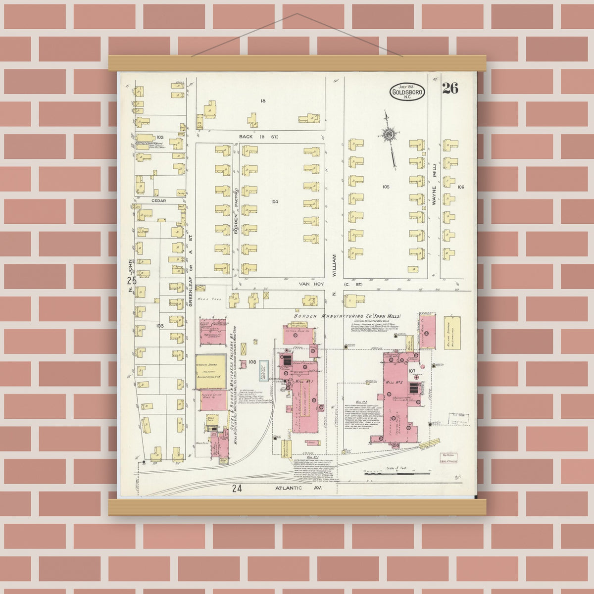 Old map wall art mockup — magnetic wood frame on brick wall — Sanborn Fire Insurance Map from Goldsboro, Wayne County, North Carolina (1913), Sheet #0026