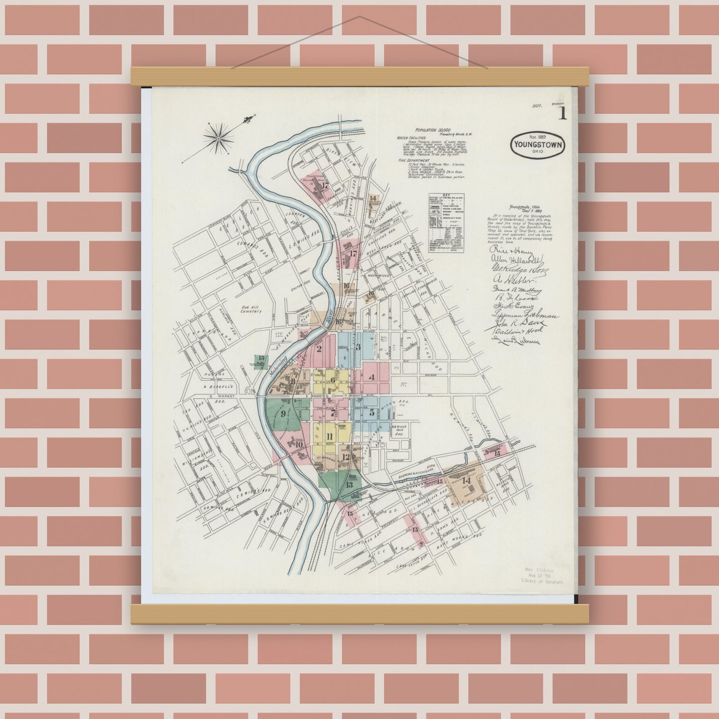 Old map wall art mockup — magnetic wood frame on brick wall — Sanborn Fire Insurance Map from Youngstown, Mahoning County, Ohio (1889), Sheet #0001