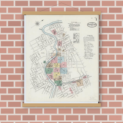 Old map wall art mockup — magnetic wood frame on brick wall — Sanborn Fire Insurance Map from Youngstown, Mahoning County, Ohio (1889), Sheet #0001