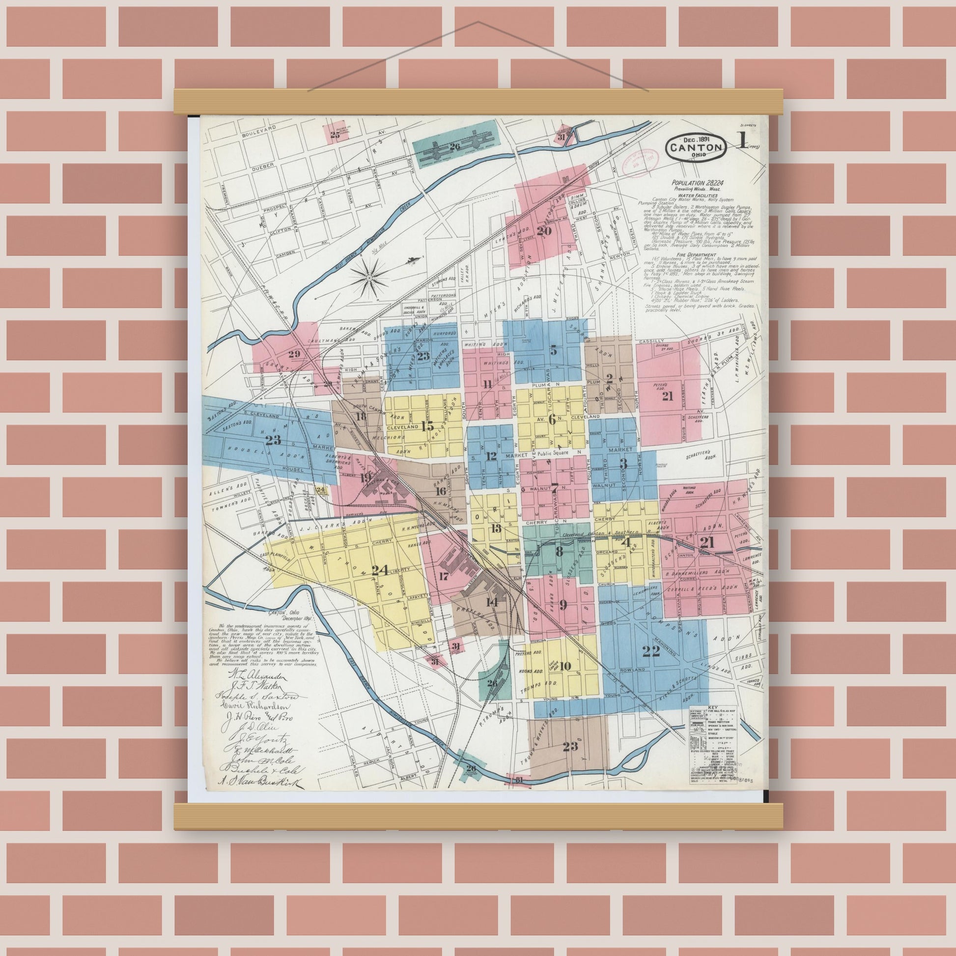 Old map wall art mockup — magnetic wood frame on brick wall — Sanborn Fire Insurance Map from Canton, Stark County, Ohio (1891) - Complete Map Set