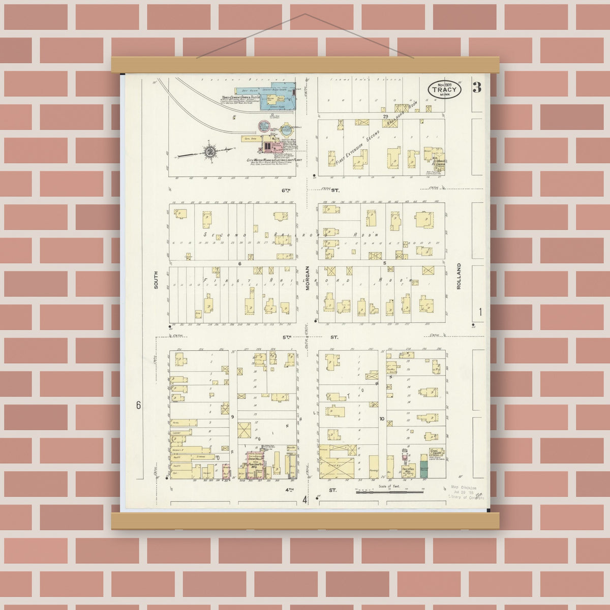 Old map wall art mockup — magnetic wood frame on brick wall — Sanborn Fire Insurance Map from Tracy, Lyon County, Minnesota (1909), Sheet #0003