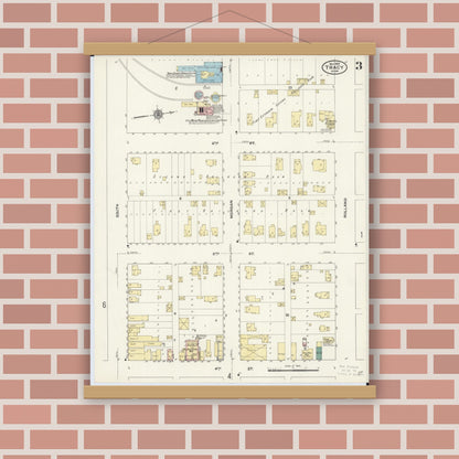 Old map wall art mockup — magnetic wood frame on brick wall — Sanborn Fire Insurance Map from Tracy, Lyon County, Minnesota (1909), Sheet #0003