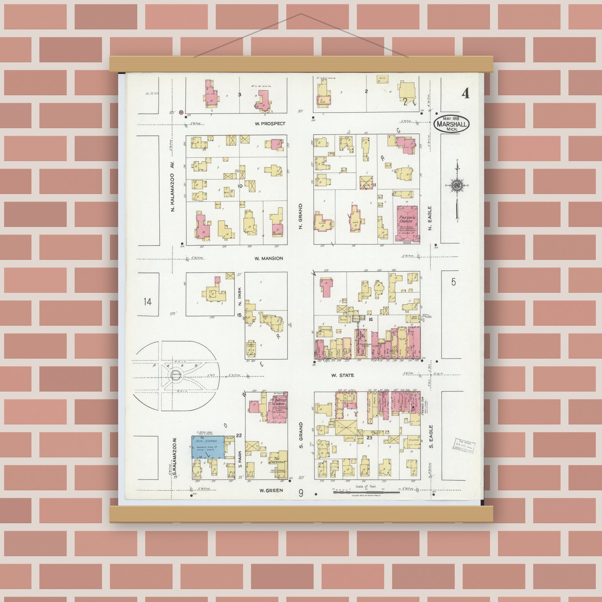 Old map wall art mockup — magnetic wood frame on brick wall — Sanborn Fire Insurance Map from Marshall, Calhoun County, Michigan (1916), Sheet #0004