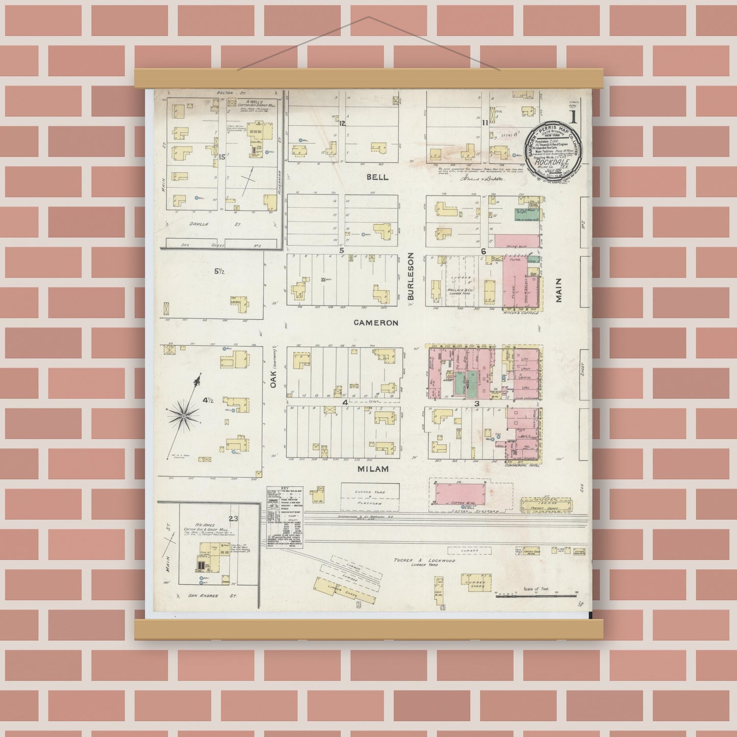 Old map wall art mockup — magnetic wood frame on brick wall — Sanborn Fire Insurance Map from Rockdale, Milam County, Texas (1891) - Complete Map Set