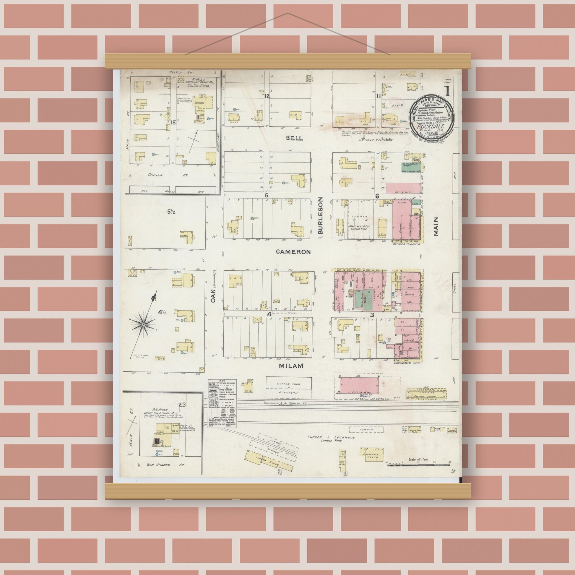 Old map wall art mockup — magnetic wood frame on brick wall — Sanborn Fire Insurance Map from Rockdale, Milam County, Texas (1891) - Complete Map Set
